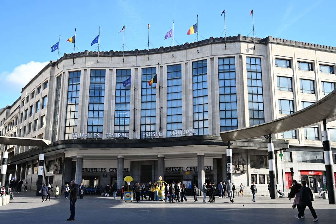 Modern office building exterior in Brussels used for broadcast training facilities