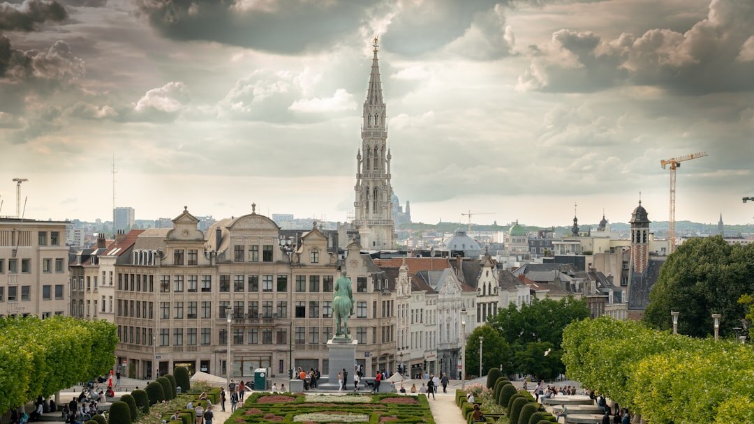Brussels city skyline at dusk with illuminated buildings